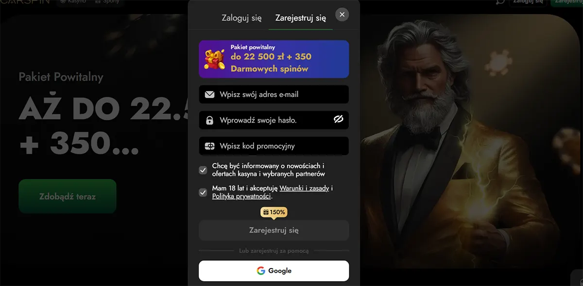 Polish casino sign-up popup showing a welcome package banner (up to 22,500 PLN + 350 free spins), fields for email, password and promo code, consent checkboxes, a “Register” button, and Google sign-in, over a dark casino background with a gold-suited man holding a trophy.